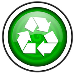 recycle green glossy icon isolated on white background