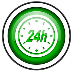 24h green glossy icon isolated on white background