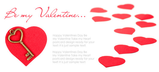Valentines day card with red hearts and key