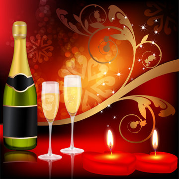 Valentine`s day background with candles and champagne