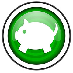 piggy bank green glossy icon isolated on white background