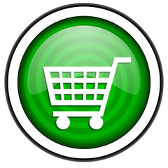 shopping cart green glossy icon isolated on white background