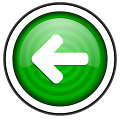 arrow left green glossy icon isolated on white background