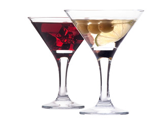 martini with olive and ice set isolated