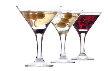 martini with olive and ice set isolated