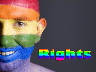 Gay flag face man and rights concept