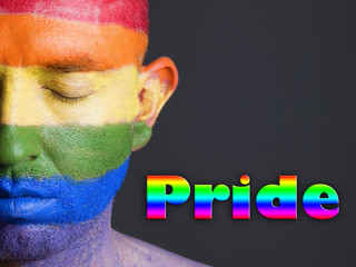 Gay flag face man, word "pride" and closed eyes.