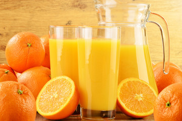 Composition with two glasses of orange juice and fruits