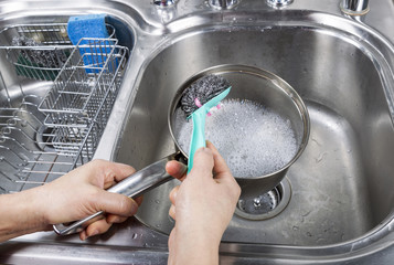 Cleaning stainless Steel Pan with Steel Pad Brush