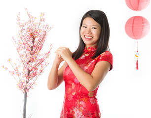 Happy Chinese new year asian girl. Asian girl doing greeting