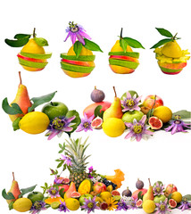 Obst, Vitamine: Collage aus bunten Frucht-Kompositionen