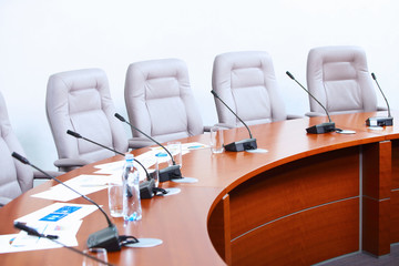 Conference hall with microphones
