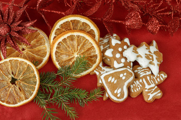 background with needles. orange slices and gingerbreads