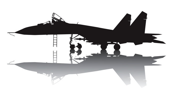 Military aircraft vector silhouette with reflection