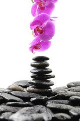 Obraz na płótnie Canvas Zen abstract of Stack stones in balance with pink orchid
