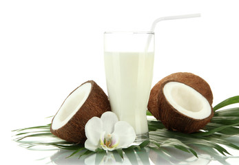 Coconuts with glass of milk, isolated on white
