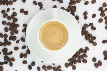 Coffee with foam. Coffee beans. top view