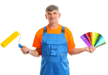 House painter with paint roller and color palette isolated