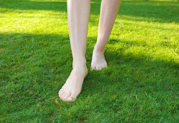 Legs walking on green lawn.