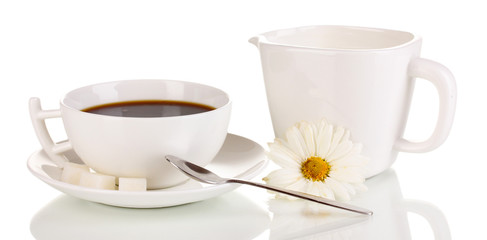 A cup of strong coffee and sweet cream isolated on white