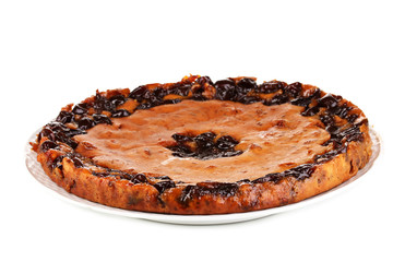 Tasty pie on plate isolated on white