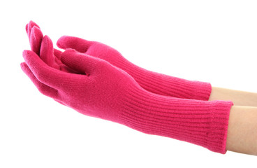woman knitted gloves on hands, isolated on white
