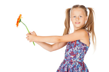 Beautiful girl with a of red gerbera