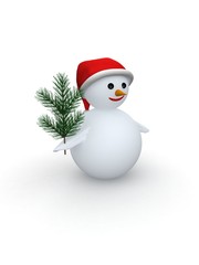 Snowman with Santa Claus hat and pine branch on white background