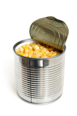 Open metallic can with sweet corn