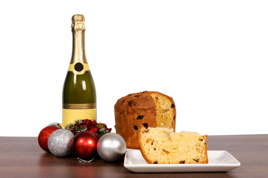 Champagne and cake isolated