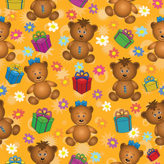 Seamless background, bears and gifts
