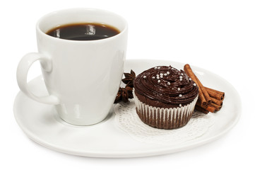 cup of coffee and chocolate cake