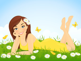 Fototapeta na wymiar Happy girl in flower meadow