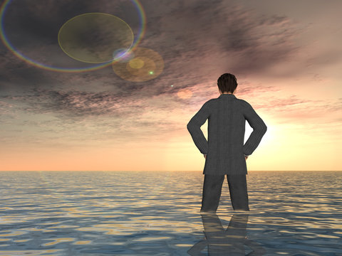 Conceptual Young businessman standing in water