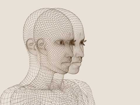3D woman head made of brown wireframe isolated on beige