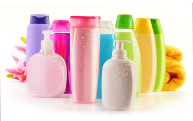 Plastic bottles of body care and beauty products