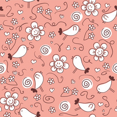 Sweet seamless pattern with birds and flowers