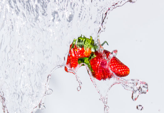 Ripe Strawberry Fruit in Stream of flowing water
