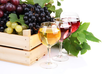 glasses of wine and assortment of grapes in wooden crate,