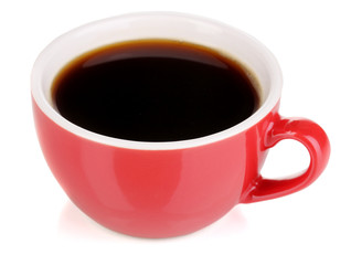 A red cup of strong coffee isolated on white