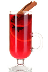 Fragrant mulled wine in glass isolated on white