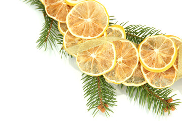 Fototapeta na wymiar christmas wreath of dried lemons with fir tree isolated on