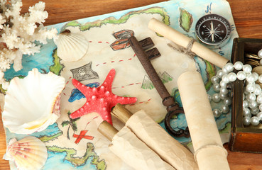 map of treasures on wooden background