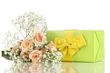 Giftbox and flowers isolated on white