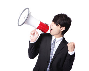 man shouting into megaphone and show fist