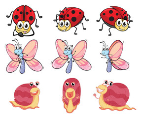 A butterfly, a ladybug and a snail