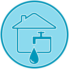 blue icon with drop, faucet and house silhouette