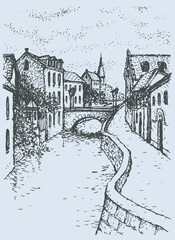 Vector cityscape of the narrow street with bridge over the canal