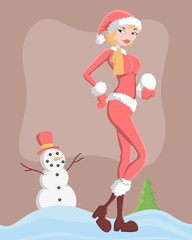Santa Girl with Snowman Vector Illustration