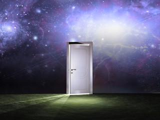 Doorway before cosmic sky